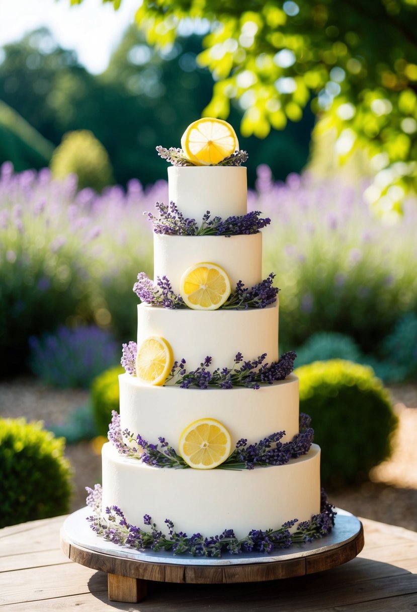 A three-tiered wedding cake adorned with fresh lavender and lemon slices sits on a wooden table in a sunlit garden