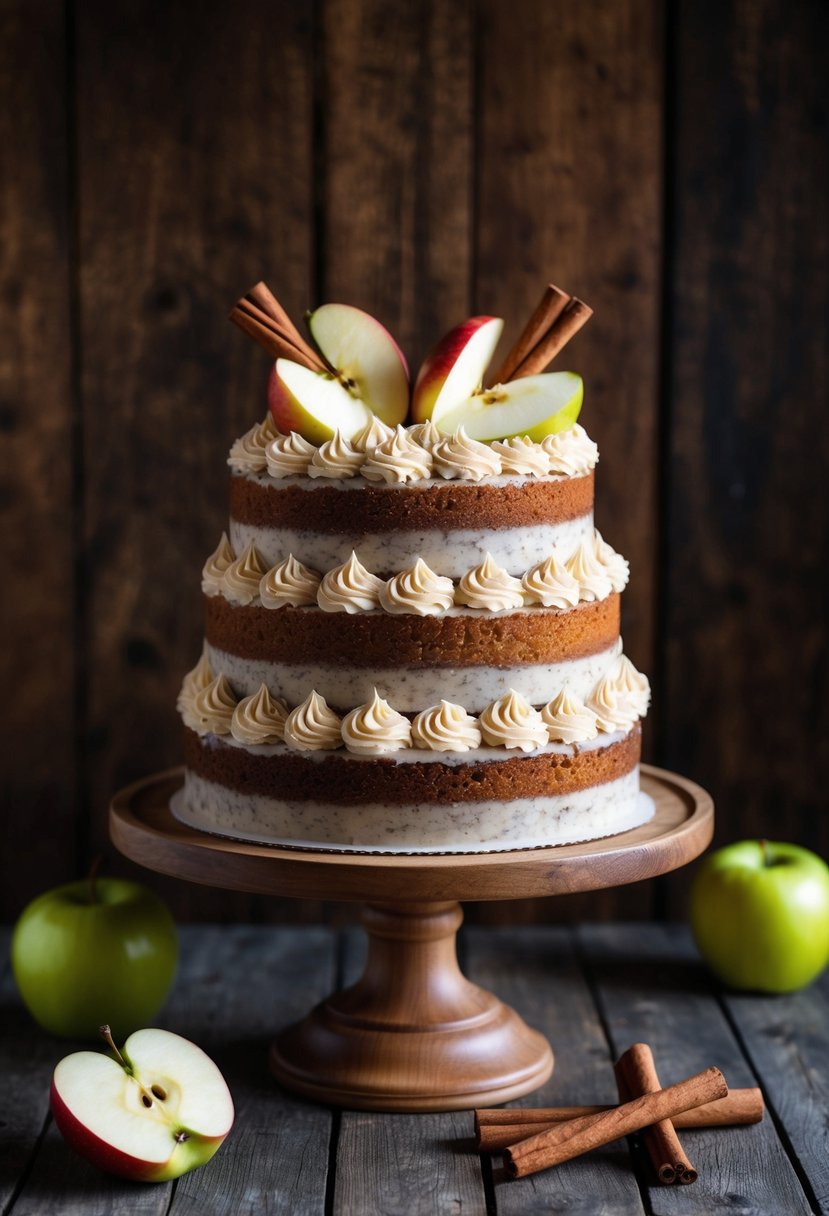A three-tiered apple spice cake with cinnamon frosting sits on a wooden cake stand, adorned with fresh apple slices and cinnamon sticks