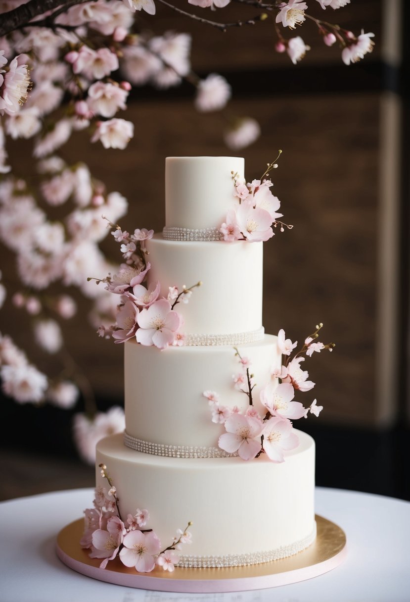 A three-tiered wedding cake adorned with delicate pink cherry blossoms and intricate floral designs