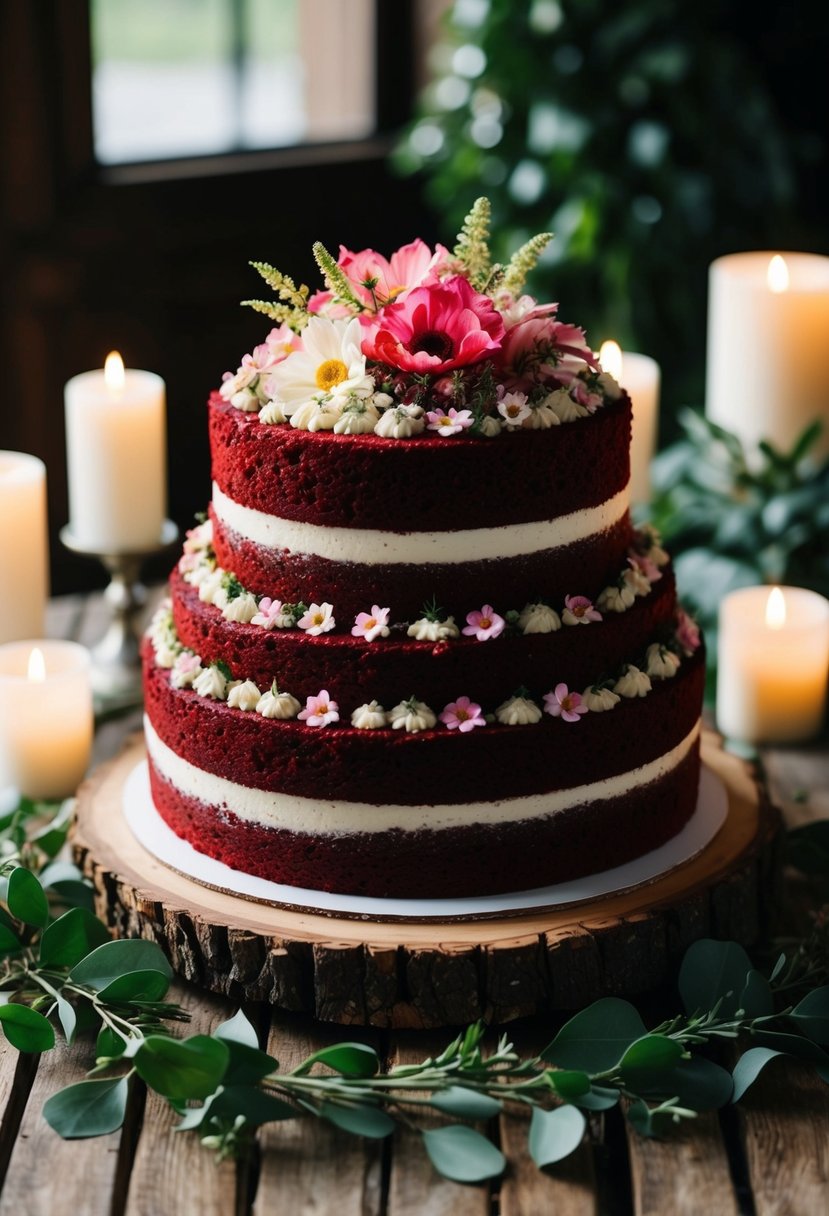 A rustic red velvet cake adorned with edible flowers sits on a wooden table, surrounded by greenery and soft candlelight