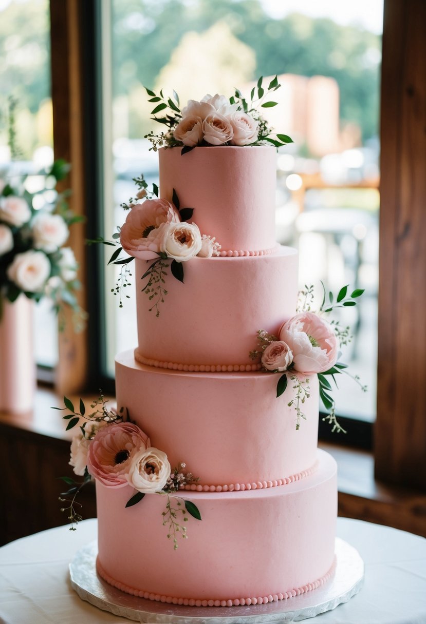 A three-tiered pink velvet wedding cake with cascading layers and delicate floral decorations