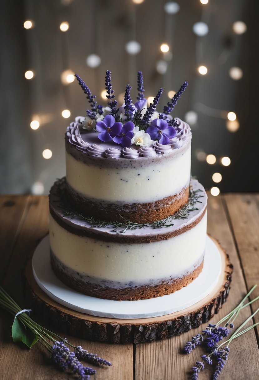 A rustic wedding cake adorned with Earl Grey tea leaves and lavender flowers, topped with a delicate lavender icing