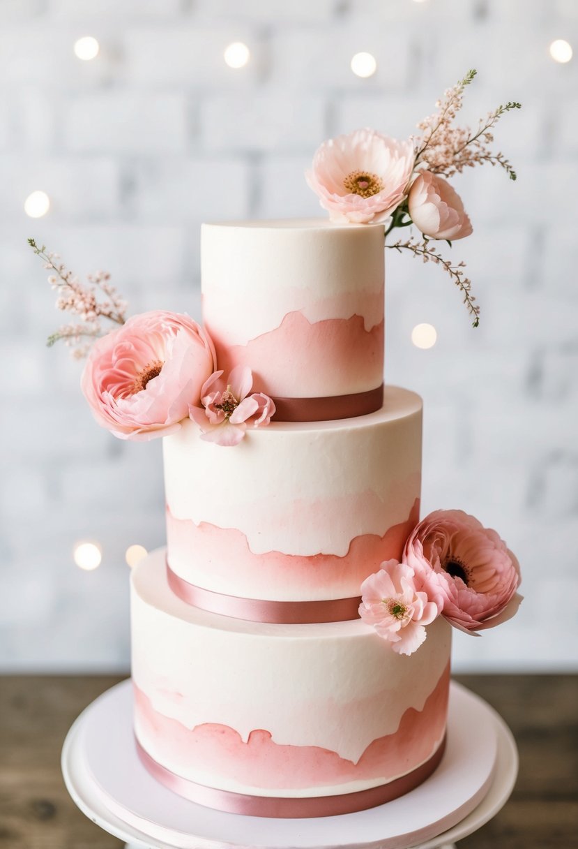 A three-tiered blush watercolor cake with delicate pink floral accents