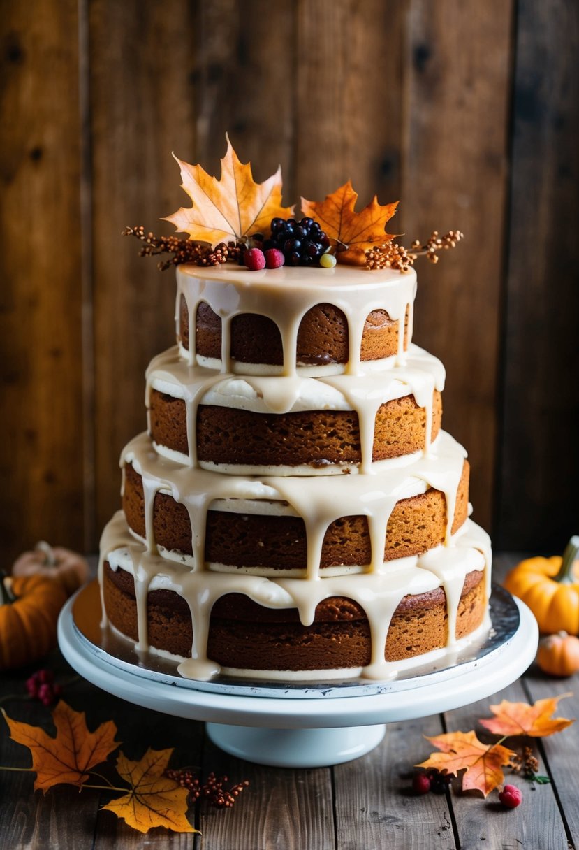 A rustic wedding cake with layers of pumpkin spice cake and a drizzle of maple glaze, adorned with autumnal accents like leaves and berries