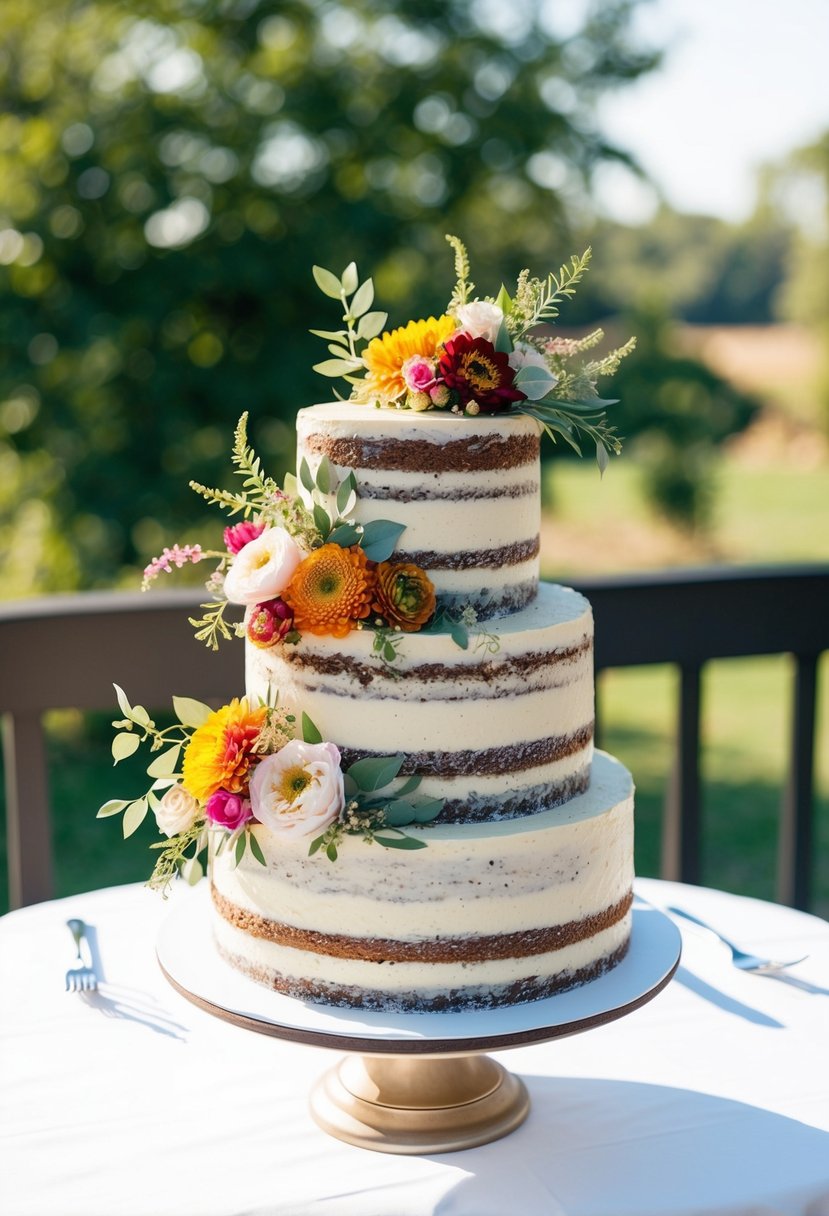 A three-tiered rustic cake adorned with a mix of colorful florals and greenery