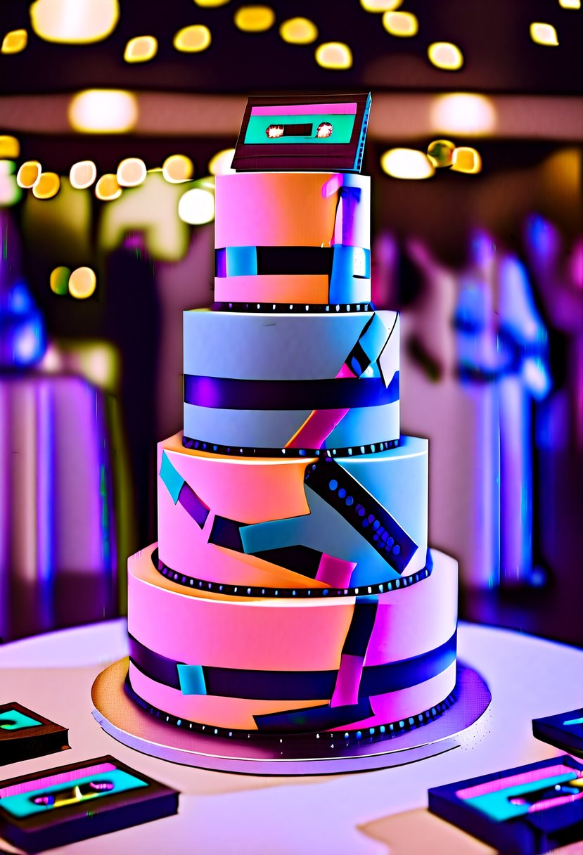 A tiered wedding cake with neon-colored geometric shapes and cassette tape decorations