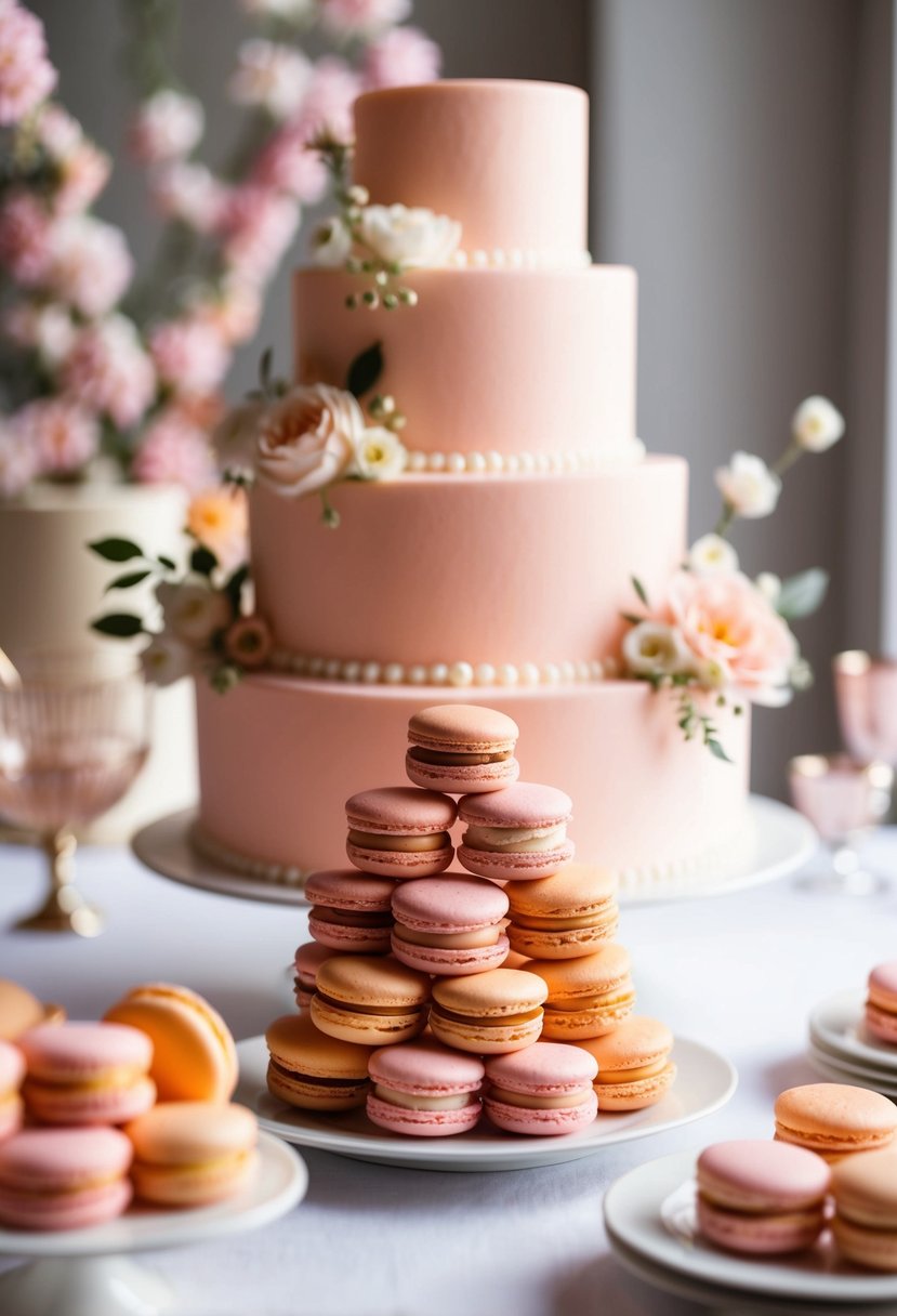 A tower of peach and pink macarons arranged in a spiral, with a large pink wedding cake adorned with delicate flowers in the background
