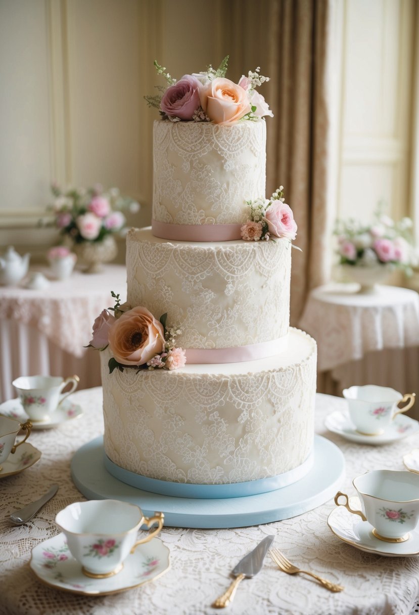 A three-tiered lace cake adorned with pastel flowers and ribbons, set on a lace tablecloth with delicate teacups and vintage decor