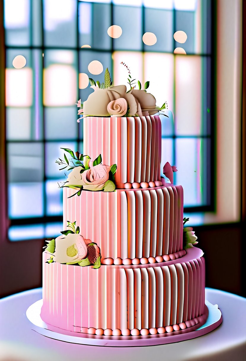 A three-tiered pink ruffle wedding cake adorned with delicate flowers and elegant piping