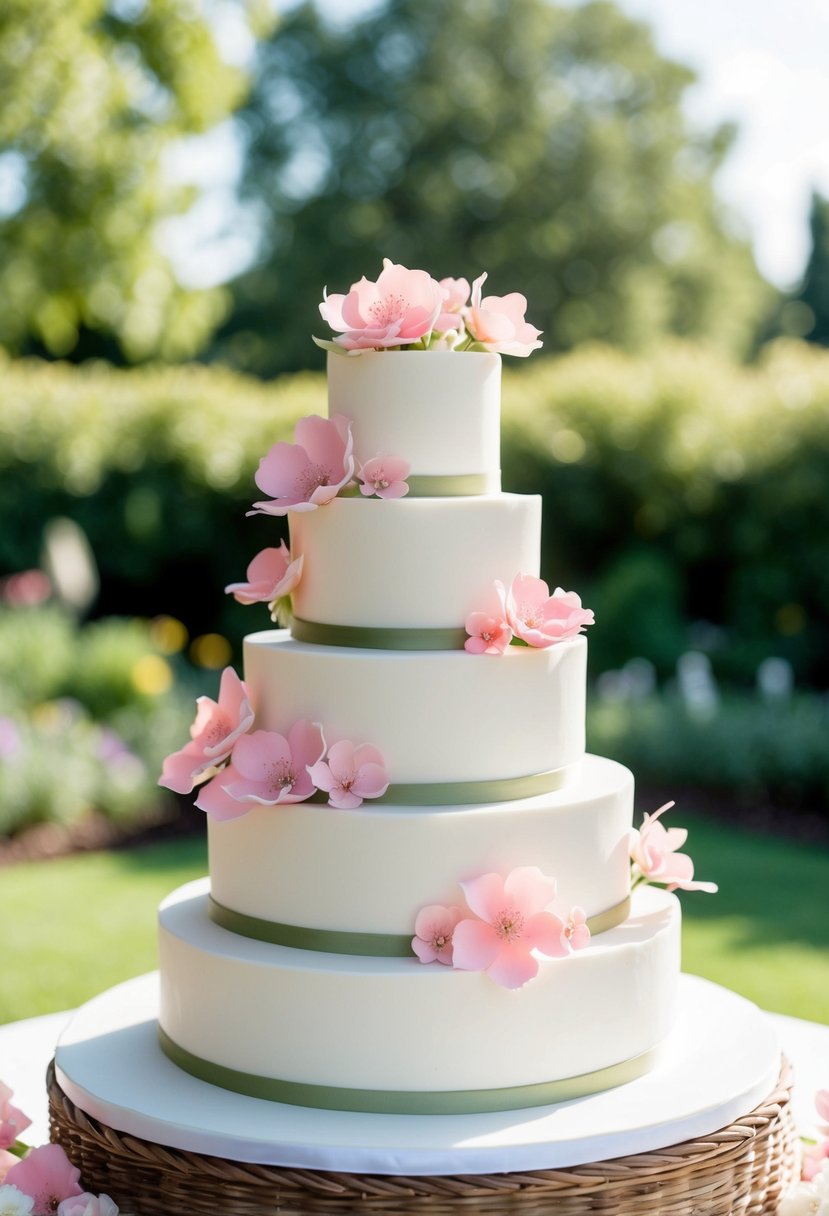 A tiered wedding cake adorned with delicate pink sugar flowers in a garden setting