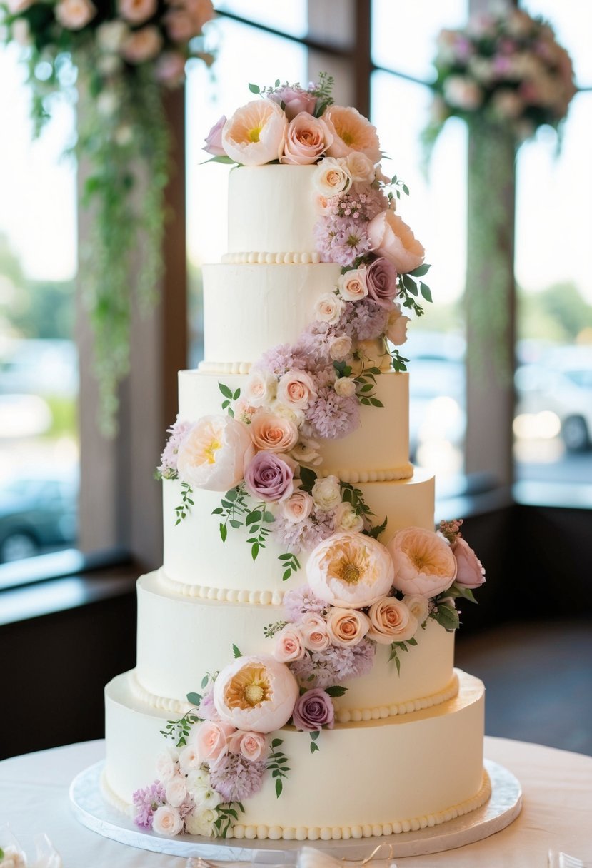 A tiered wedding cake adorned with cascading pastel flowers, reminiscent of 80s floral cascade cake designs