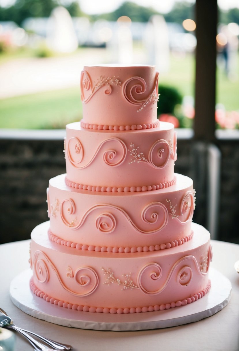 A three-tiered pink wedding cake with delicate swirls and romantic details