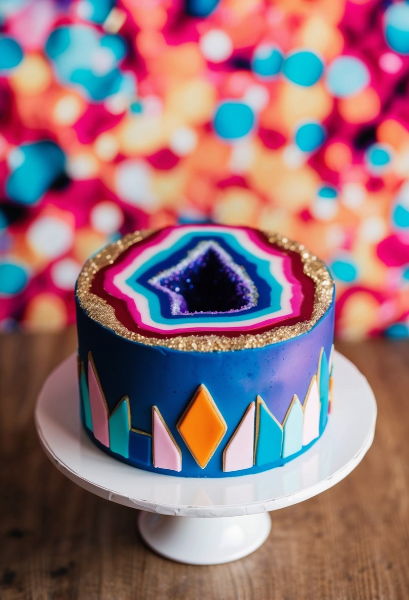 A modern geode cake with vibrant 80s colors and geometric shapes