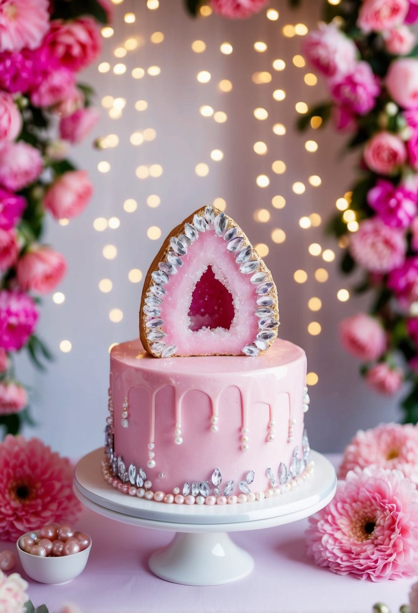 A bubblegum pink geode cake adorned with shimmering crystals and edible pearls, set against a backdrop of cascading pink flowers and twinkling fairy lights