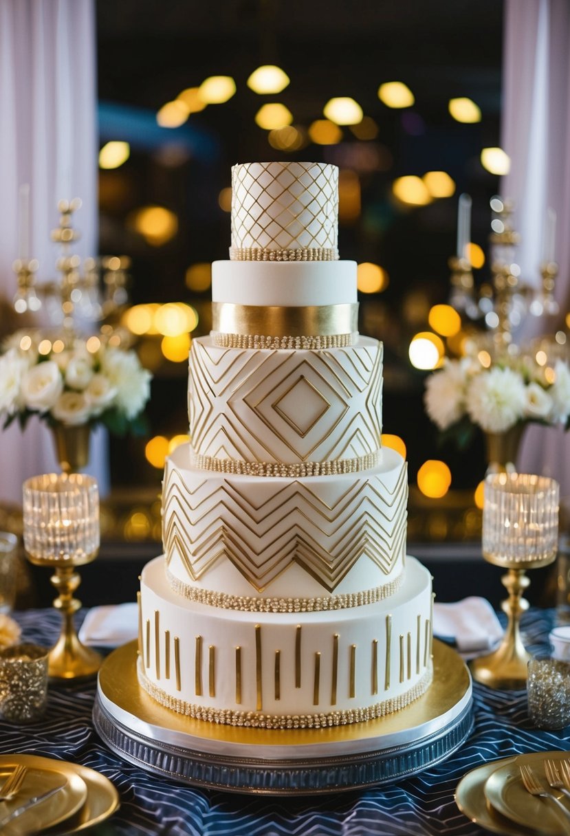 A tiered wedding cake adorned with geometric patterns and metallic accents, surrounded by vintage 80s decor and glamorous details