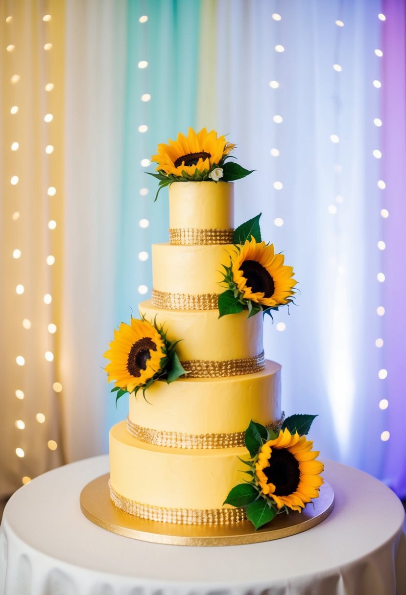 A three-tiered yellow wedding cake adorned with sunflowers and gold accents, set against a backdrop of soft pastel colors and twinkling lights