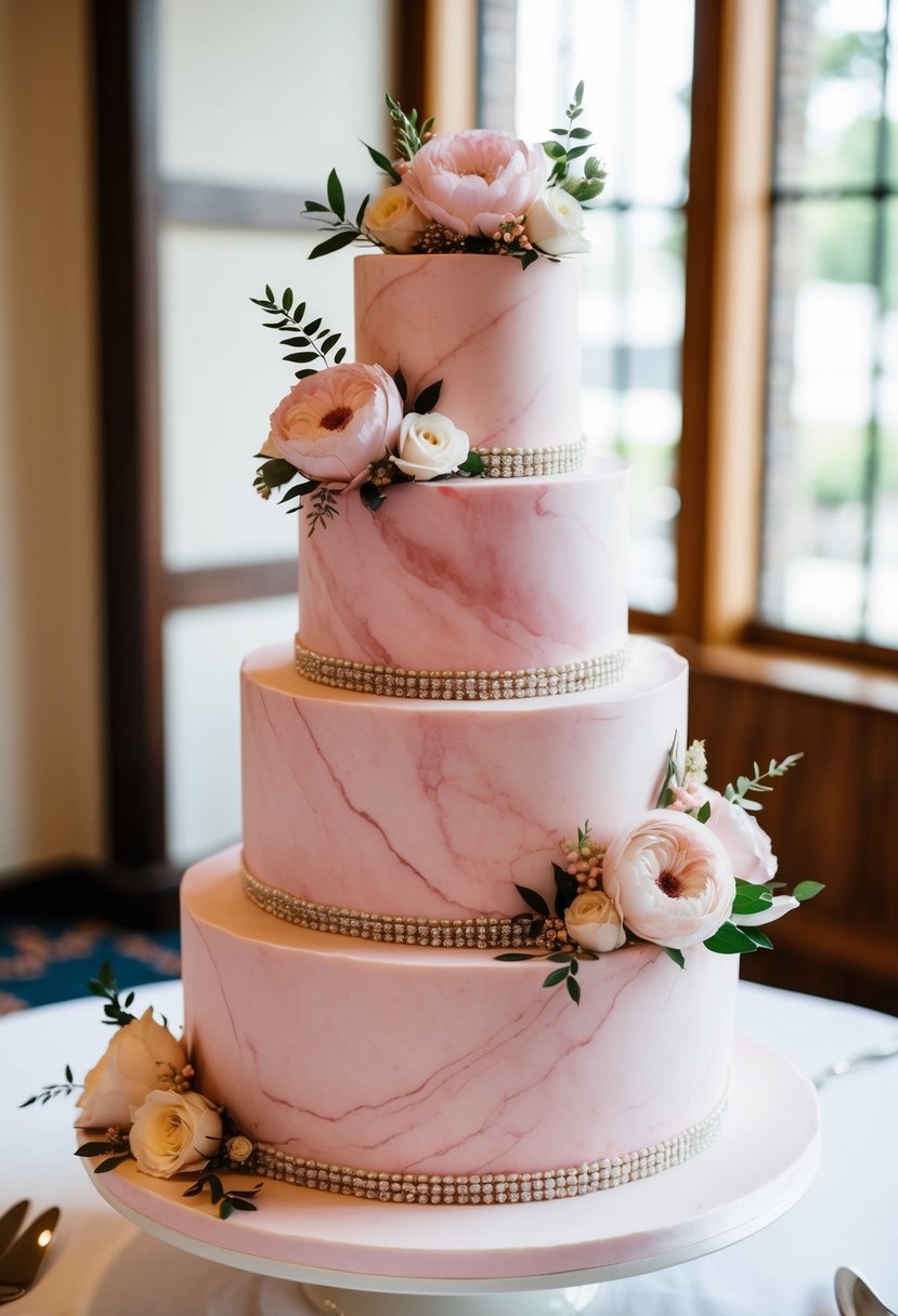 A three-tiered pink marble wedding cake adorned with elegant floral decorations