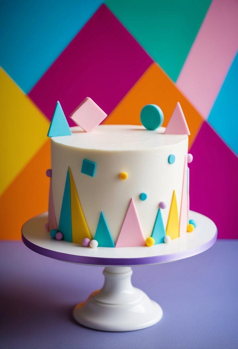 A simple white cake adorned with geometric shapes and pastel accents, set against a backdrop of bold, vibrant colors reminiscent of the 1980s