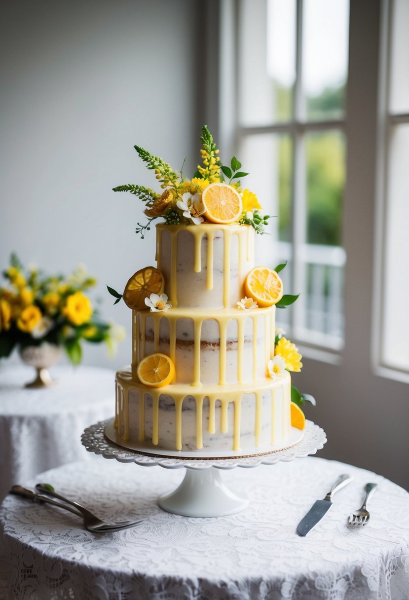 A tall, multi-tiered lemon drizzle dream cake adorned with delicate yellow flowers and citrus slices sits on a white lace-covered table