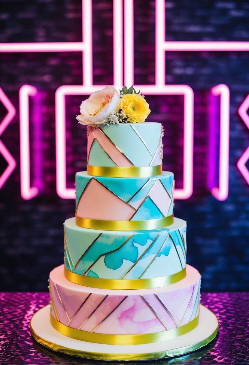A colorful tiered cake decorated with pastel watercolor swirls, geometric shapes, and metallic accents, set against a backdrop of neon lights and geometric patterns