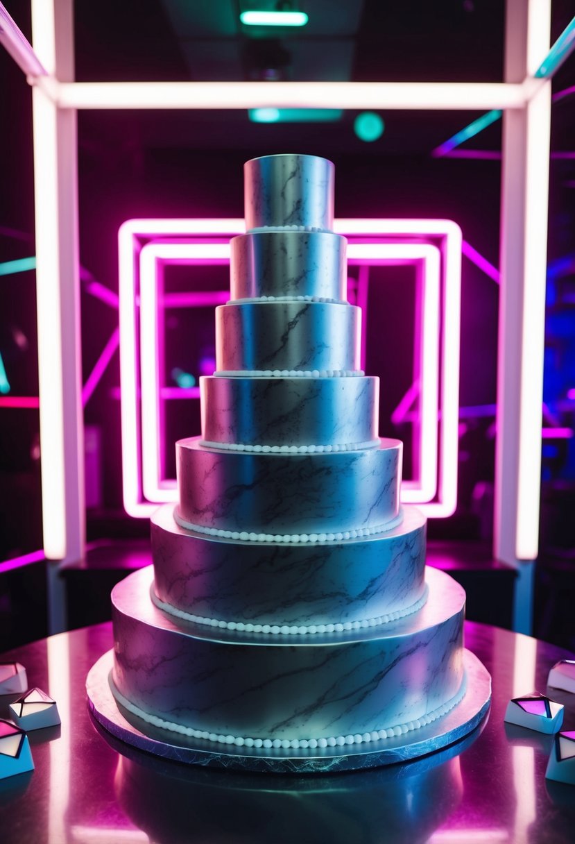 A tiered metallic marble cake surrounded by neon lights and geometric shapes, evoking an 80s aesthetic