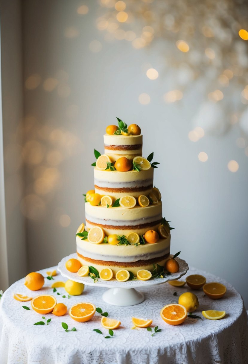 A tall, three-tiered yellow cake adorned with vibrant citrus fruits, surrounded by scattered lemon and orange slices on a white, lace-covered table