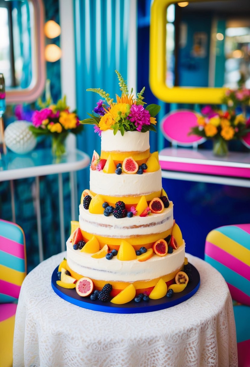 A tiered wedding cake adorned with colorful fruit and vibrant flowers sits atop a lace tablecloth, surrounded by retro 80s decor