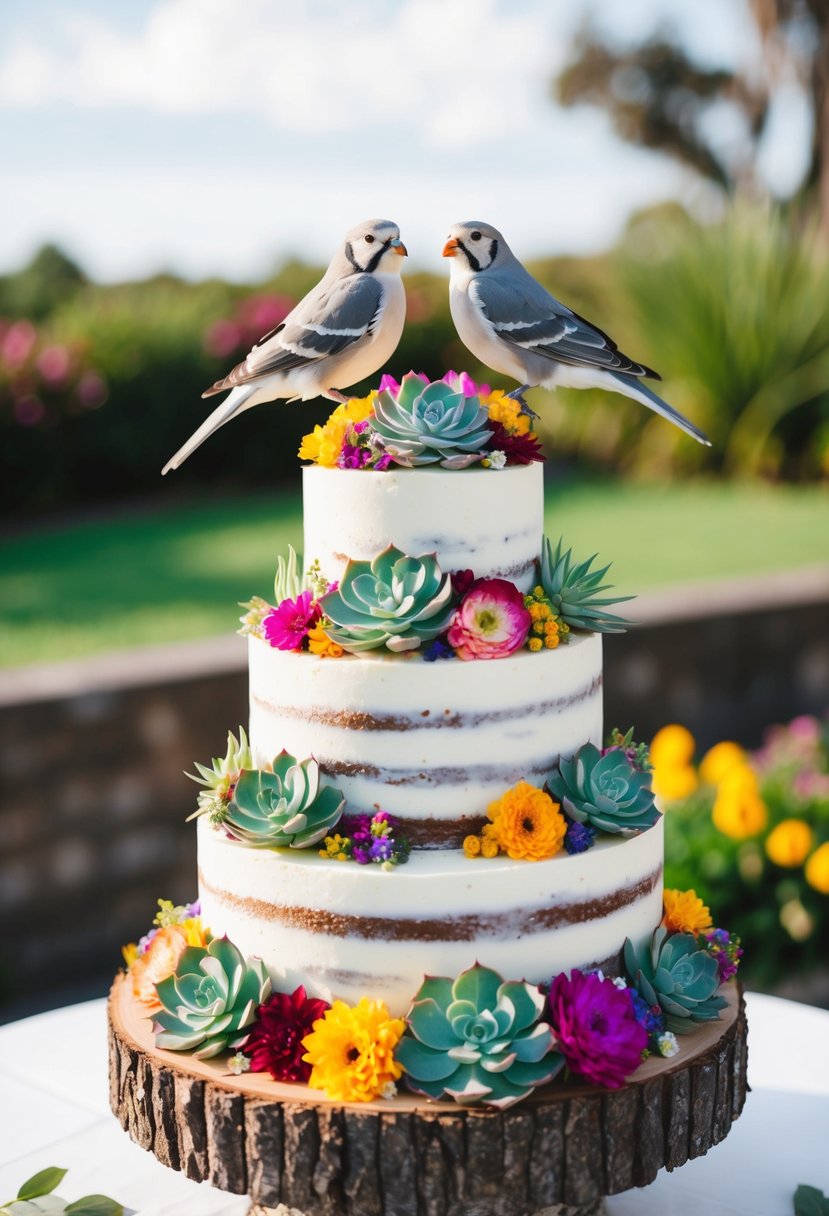 A tiered wedding cake adorned with succulent plants and colorful flowers, topped with a pair of intricately designed lovebirds