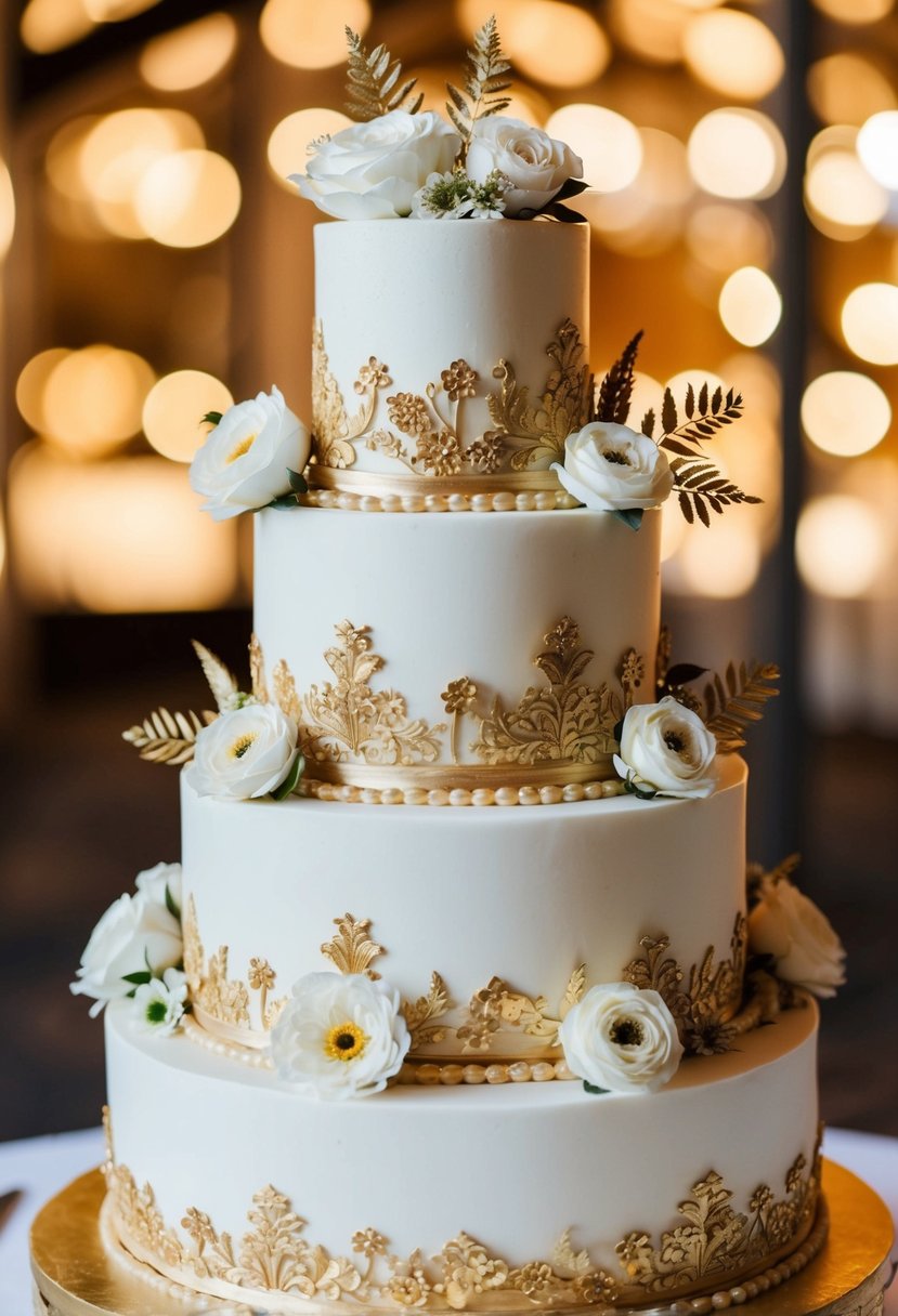 A tiered wedding cake adorned with golden floral designs and intricate details