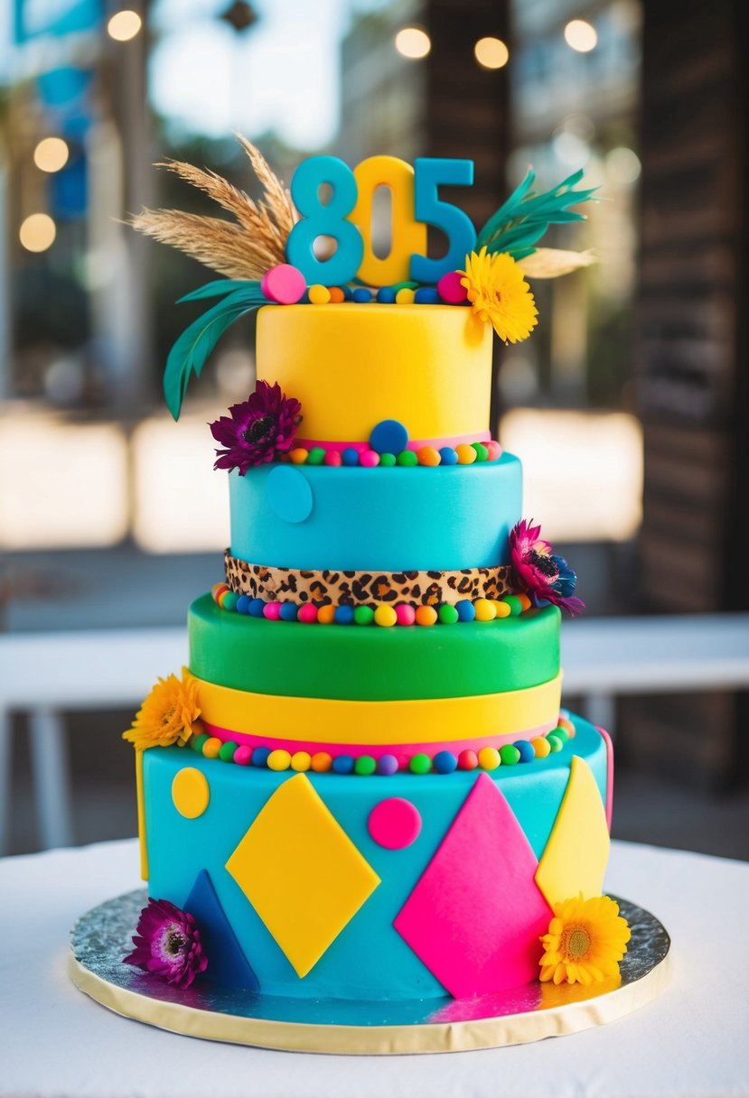 A colorful, tiered cake with eclectic, bohemian decorations inspired by 80s fashion and design
