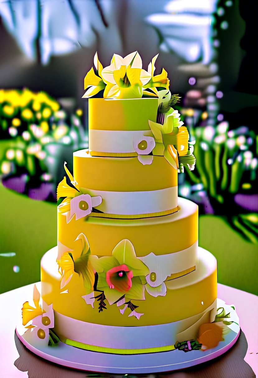 A tiered yellow wedding cake adorned with daffodils and essence flowers, set against a backdrop of a sunny garden