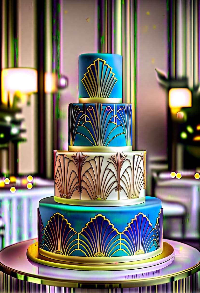A multi-tiered cake adorned with art deco patterns and vibrant colors, reminiscent of the opulence and glamour of the 1920s Gatsby era