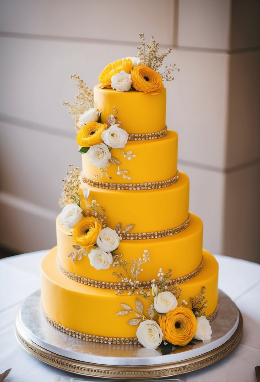 A tiered marigold yellow wedding cake adorned with intricate floral designs and delicate gold accents