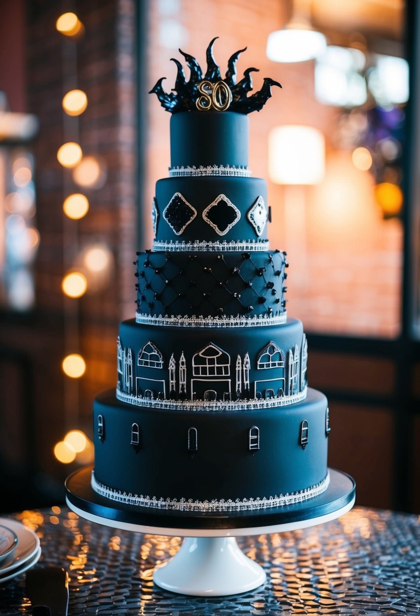 A tiered black cake adorned with gothic 80s-inspired decorations