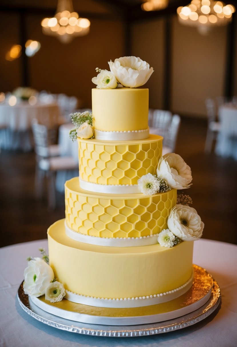 A three-tiered yellow wedding cake adorned with honeycomb and flowers