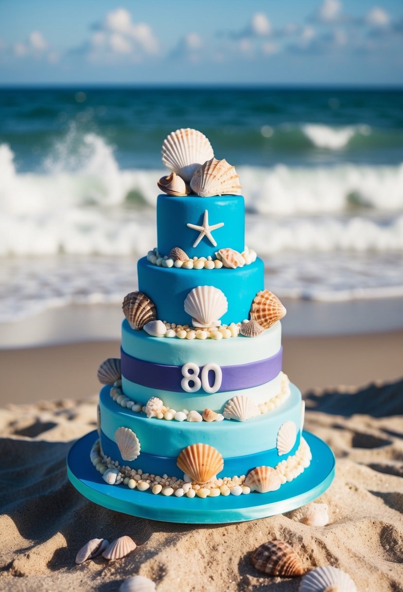 A colorful 80s-themed wedding cake adorned with seashells and beachy decorations, set against a backdrop of sandy shores and crashing waves
