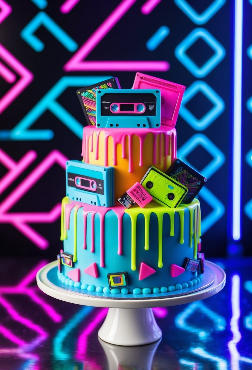 A brightly colored drip cake adorned with neon geometric shapes and cassette tapes, set against a backdrop of vibrant 80s patterns and neon lights