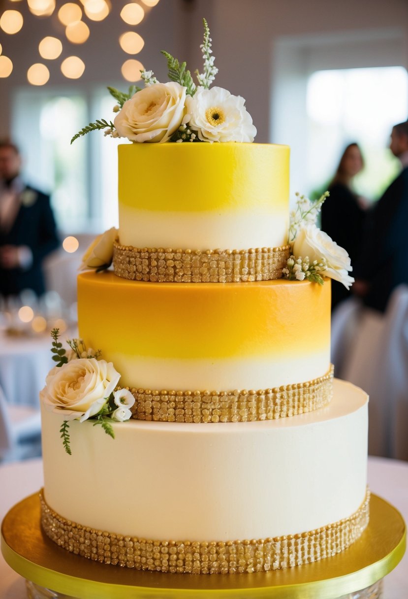 A three-tiered wedding cake with a golden ombre effect, transitioning from a soft buttery yellow at the base to a rich, vibrant yellow at the top, adorned with delicate floral decorations