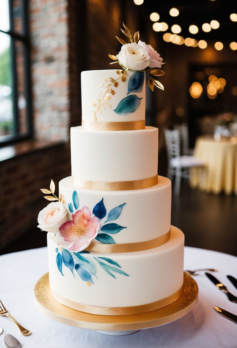 A three-tiered wedding cake with watercolor floral designs and gold accents