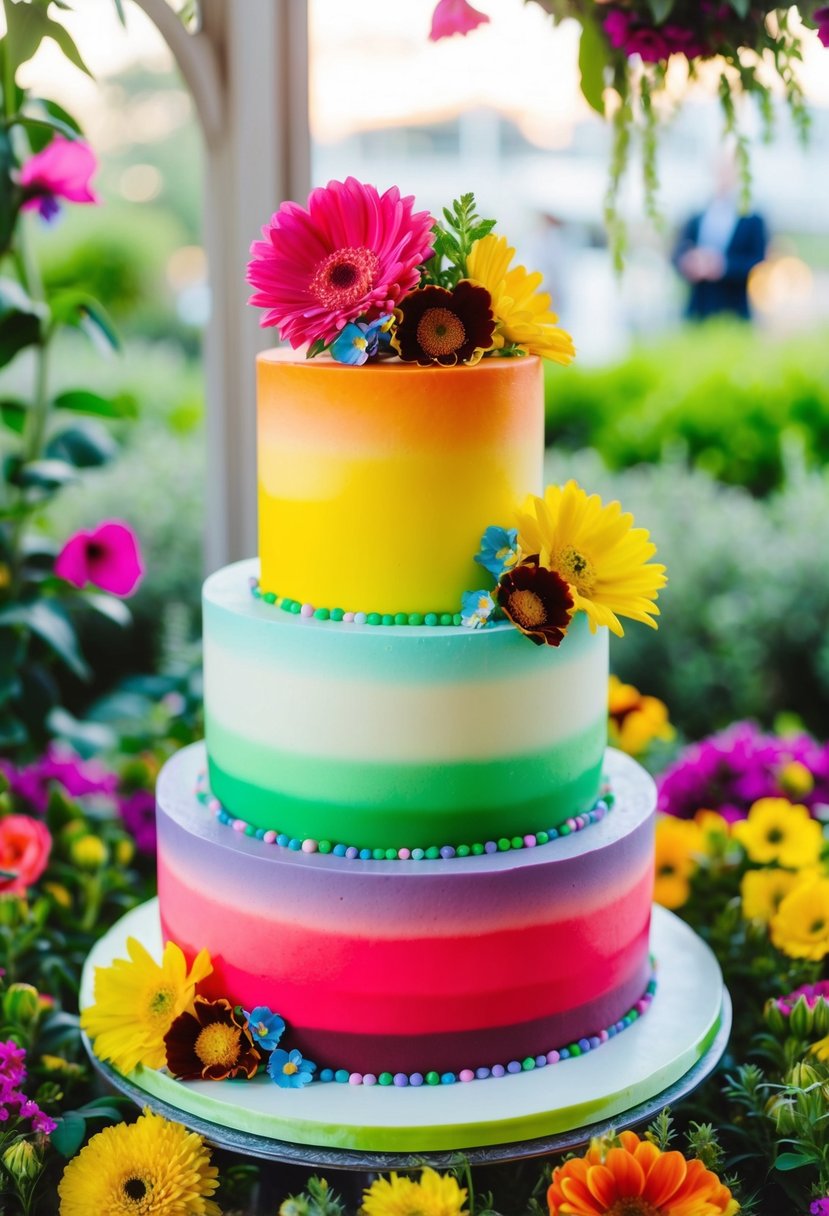 A three-tiered ombré garden cake surrounded by vibrant flowers and greenery, with a retro 80s color palette