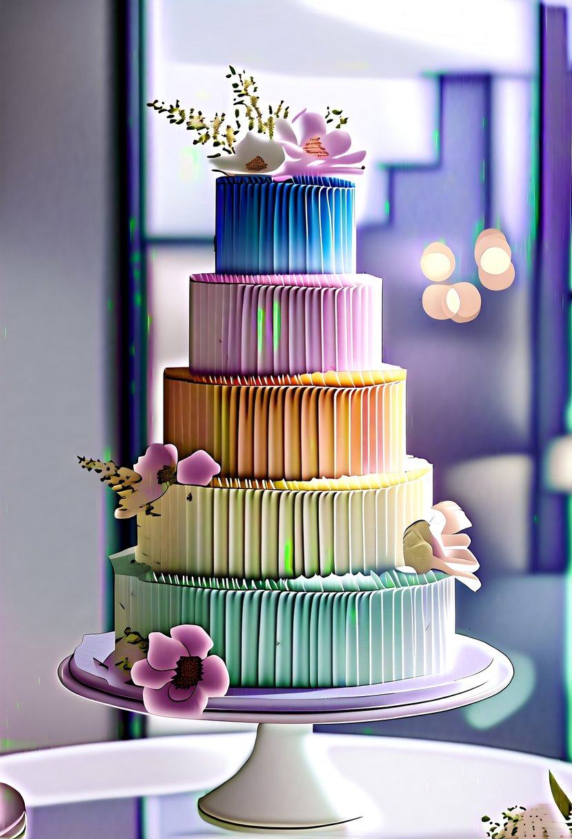 A tall, ruffled ombre cake with layers of pastel colors and delicate fondant flowers, set on a sleek white cake stand