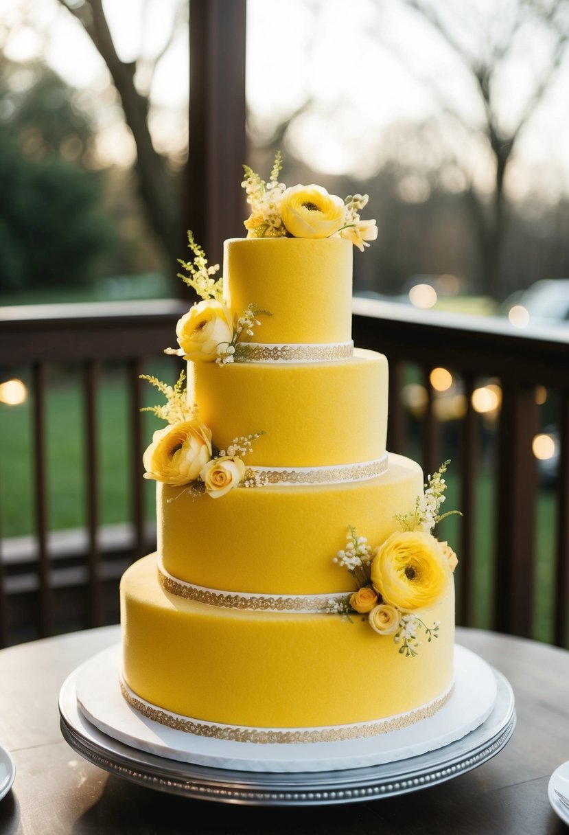 A three-tiered yellow velvet wedding cake adorned with delicate yellow flowers and gold accents