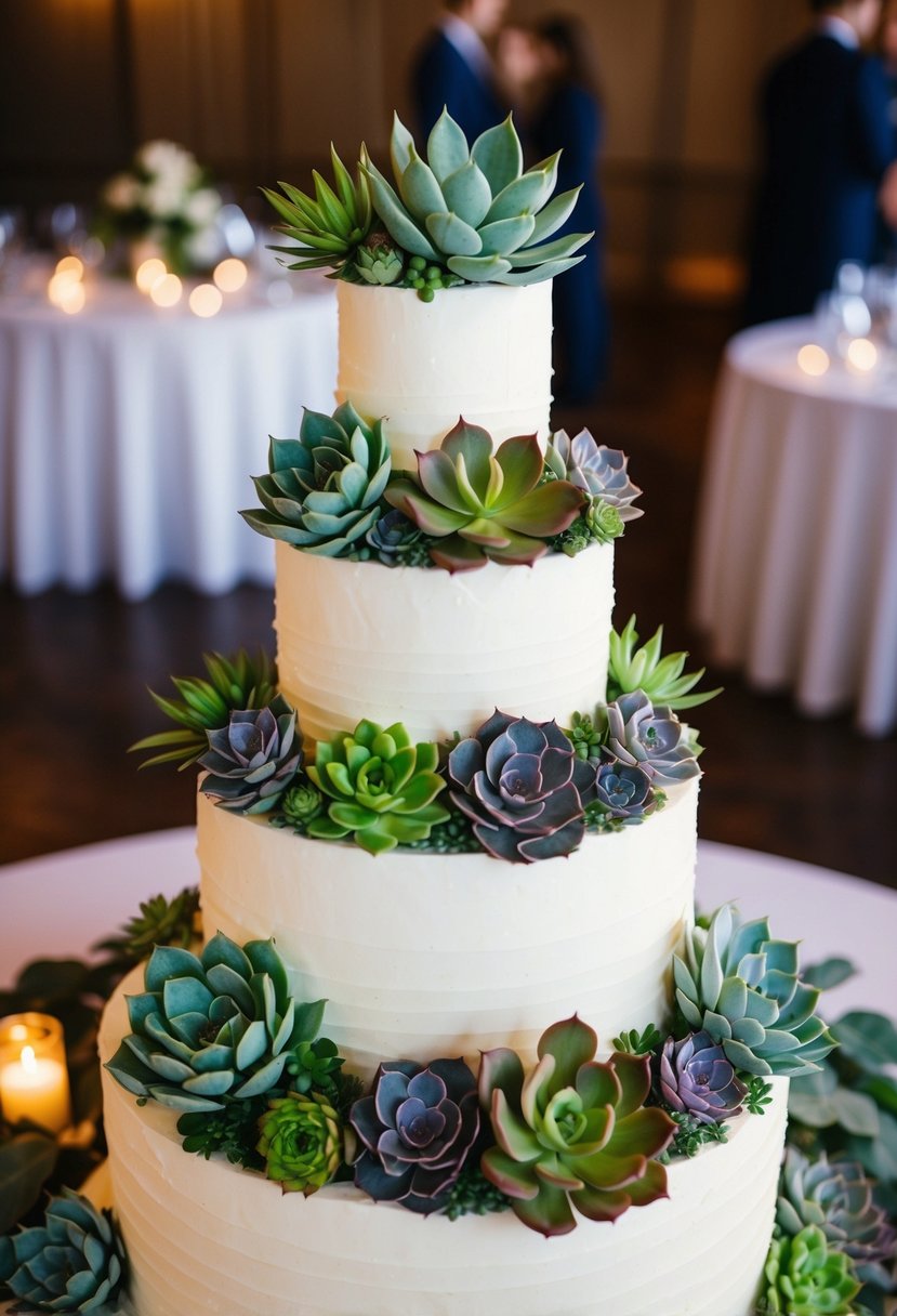 A tiered wedding cake adorned with realistic-looking succulent plants in various shades of green and purple, creating a visually stunning and unique centerpiece for the reception