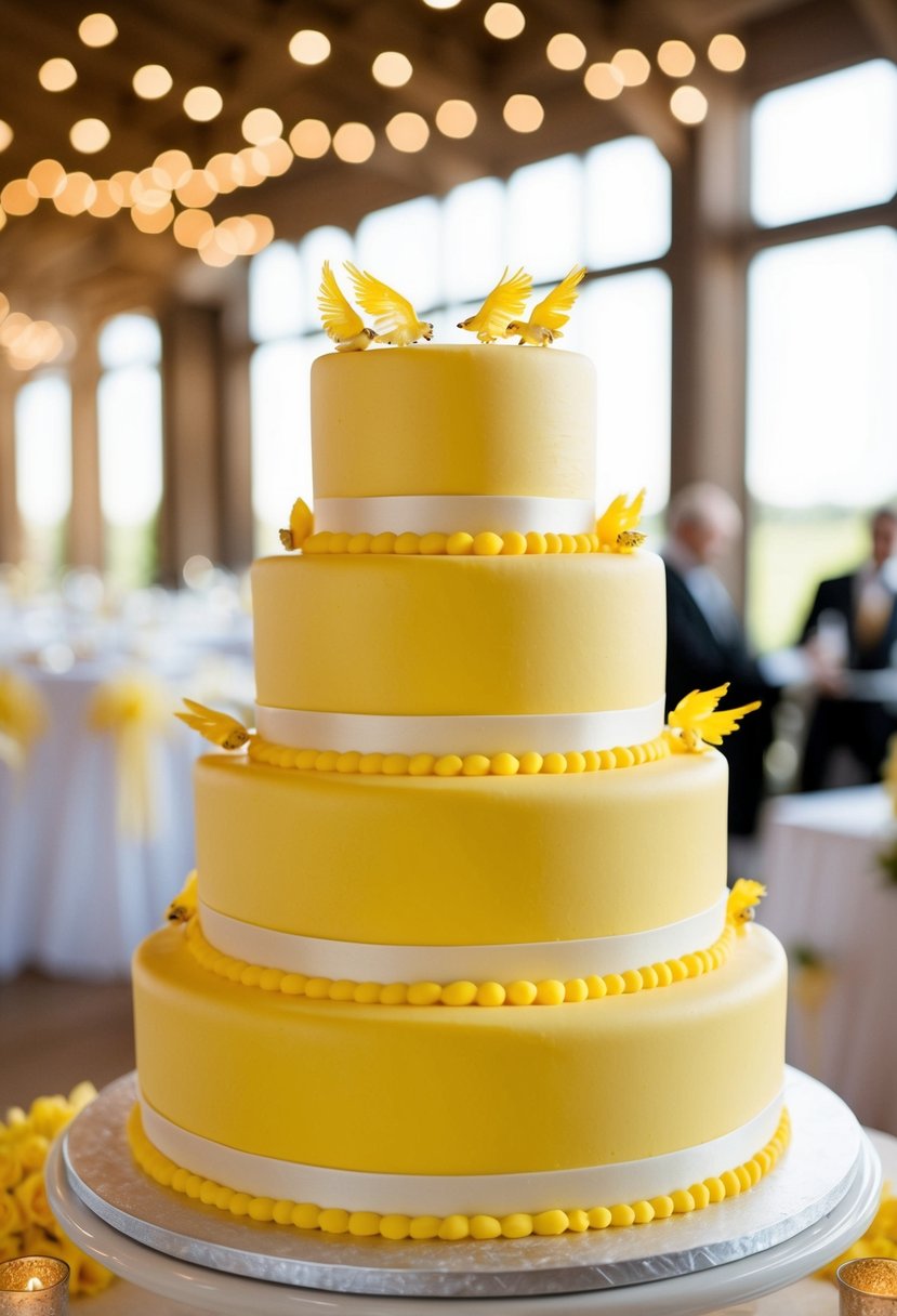 A three-tiered wedding cake with yellow frosting and canary decorations