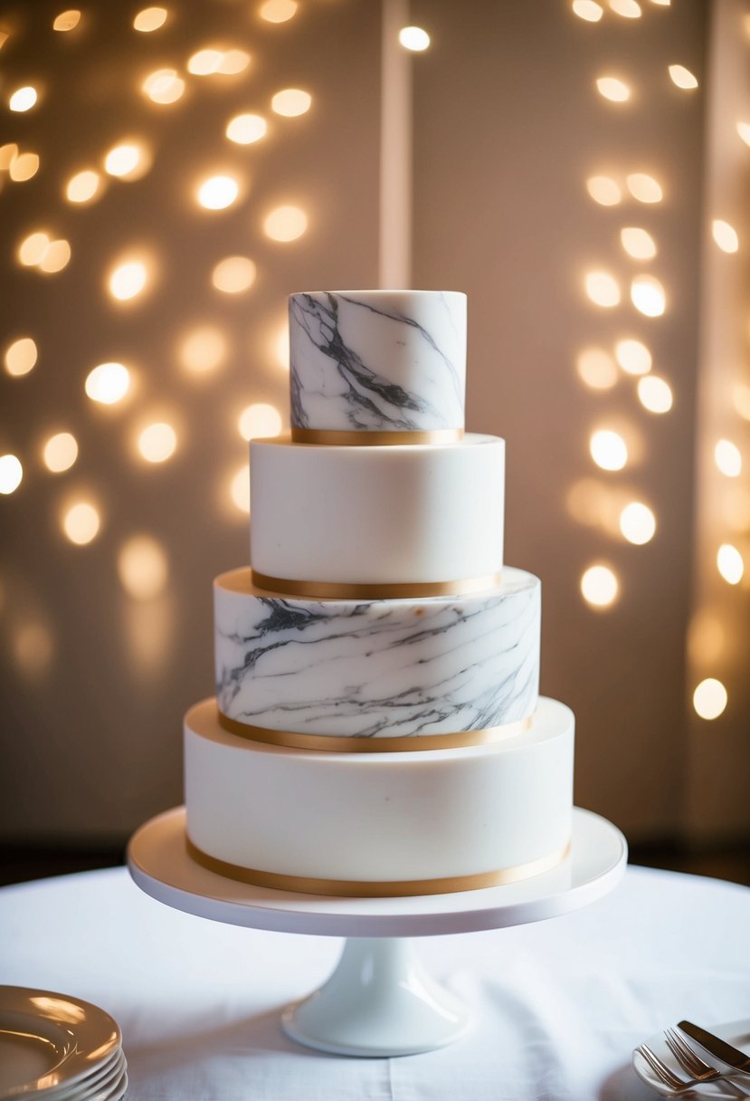 A three-tiered marble effect wedding cake on a white stand