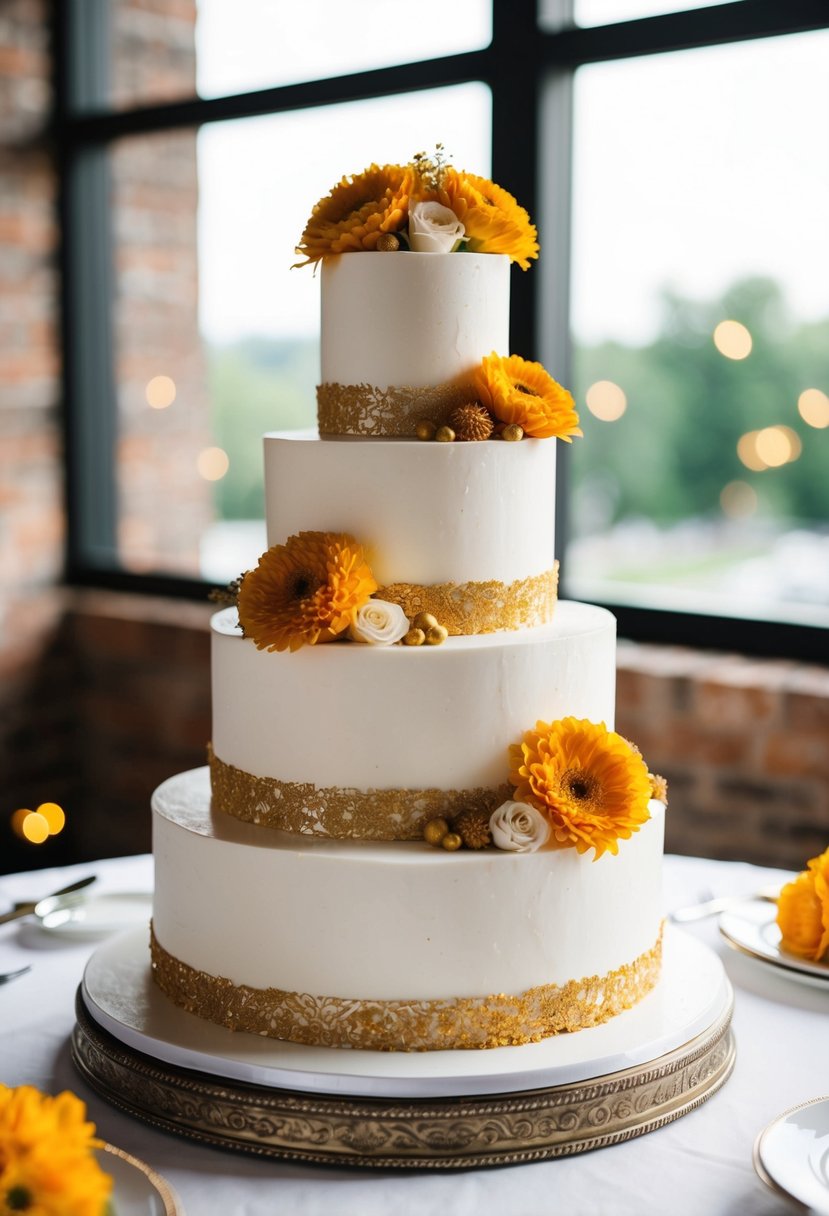 A three-tiered wedding cake adorned with saffron flowers and golden spice accents