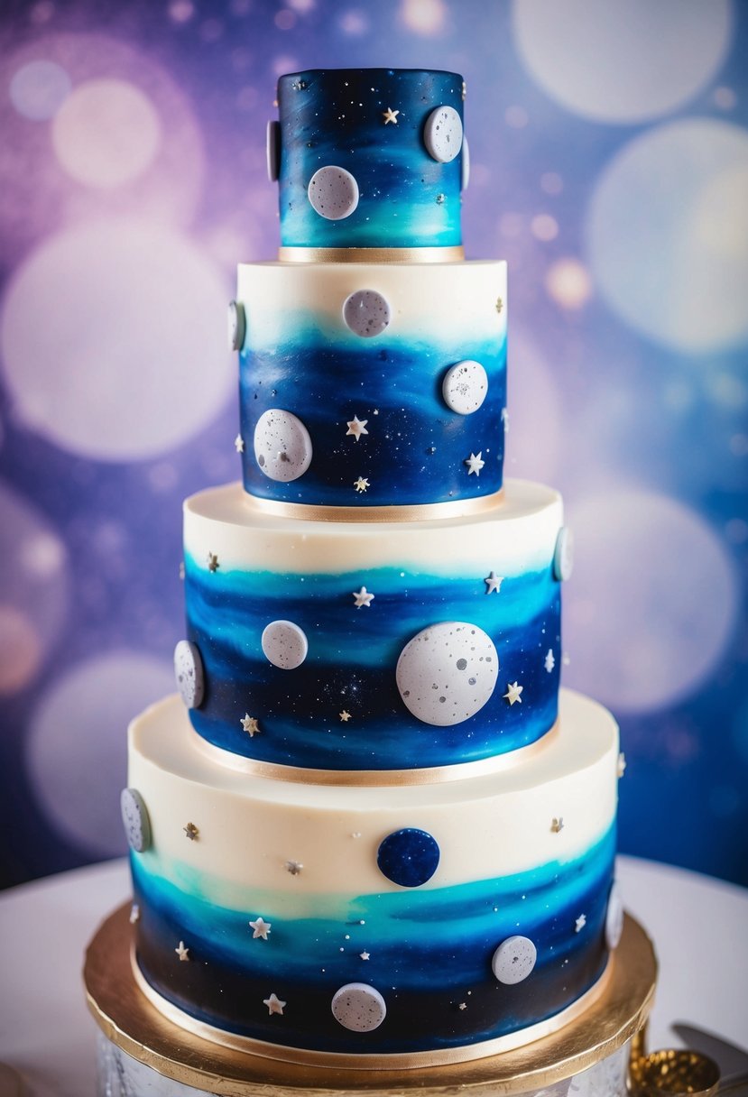 A multi-tiered wedding cake with a celestial theme, featuring edible sugar meteorites and a galaxy-inspired color scheme