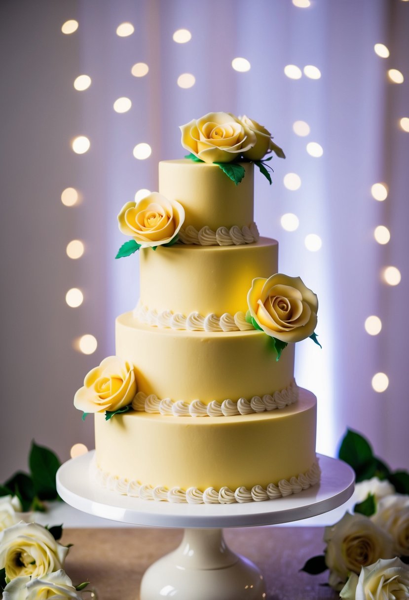 A three-tiered yellow rose-themed wedding cake adorned with delicate fondant roses and intricate piping, set against a backdrop of soft, romantic lighting