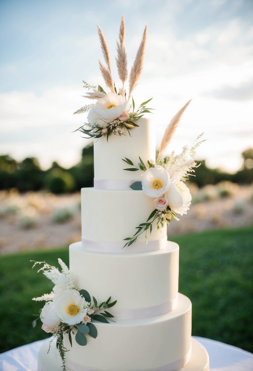 A three-tiered wedding cake adorned with pampas grass and delicate floral accents