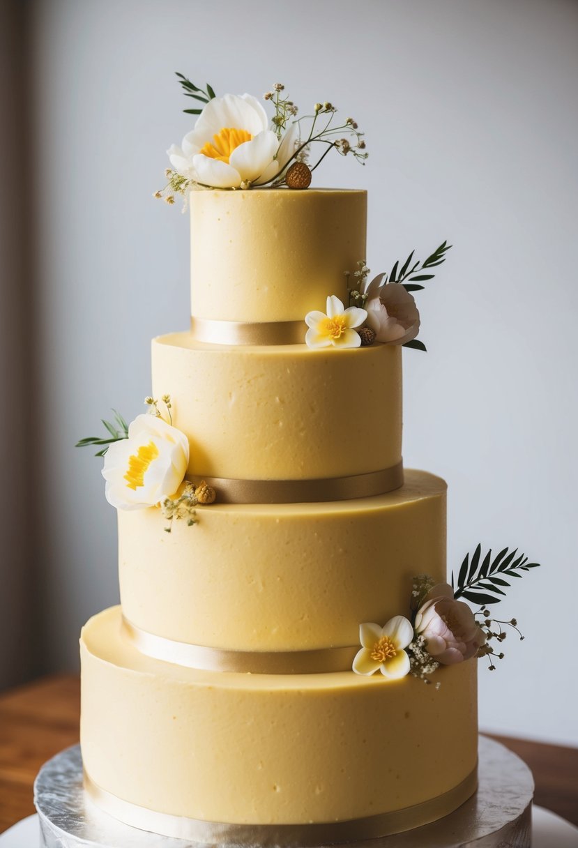 A tall, three-tiered wedding cake with smooth yellow mango mousse frosting, adorned with delicate edible flowers and golden accents